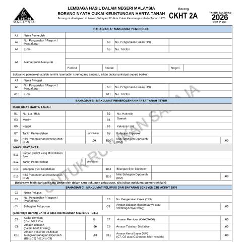 Document preview: • Contoh Borang CKHT 2A 2026 — RPGT (Real Property Gains Tax), Malaysia (CERFA n°CKHT 2A)