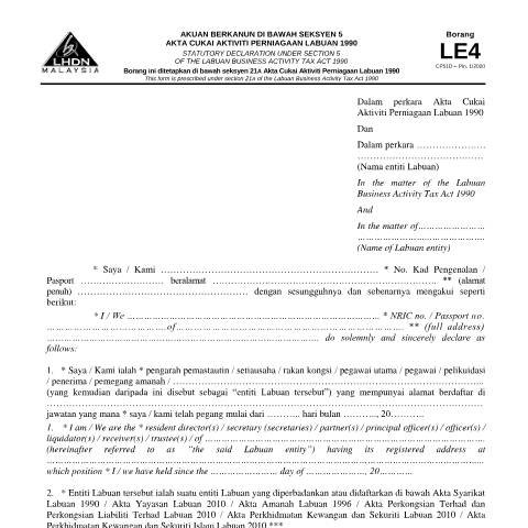 Document preview: Form LE4 — Labuan Entity, Malaysia