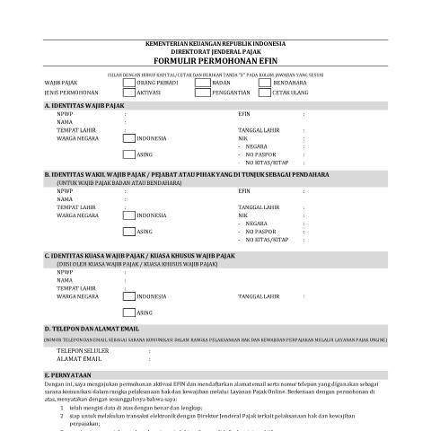 Document preview: Form Permohonan EFIN (PDF isian).pdf — Formulir Permohonan EFIN, Indonesia (CERFA n°ID-DJP-Form-Permohonan-EFIN-PDF-isian)