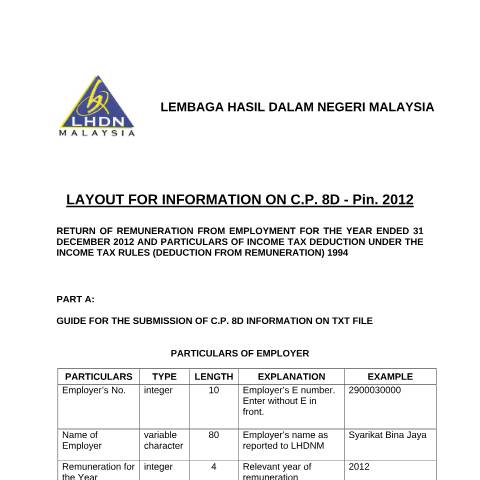 Document preview: Layout for Information on C.P 8D Pin. 2012 — Employer, Malaysia