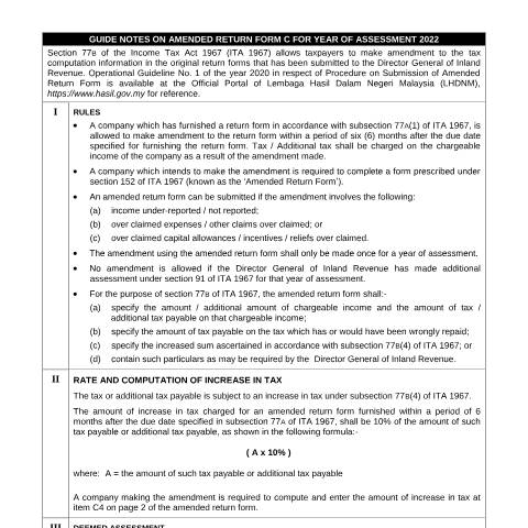 Document preview: Guide Notes on Amended Return Form C 2022 — Company, Malaysia
