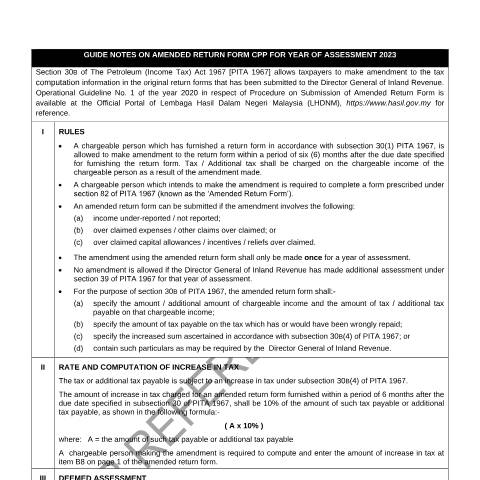 Document preview: Guide Notes on Amended Return Form CPP 2023 — Petroleum, Malaysia