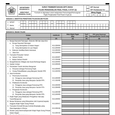 Document preview: SPT Masa PPh_4 ayat 2.pdf — SPT Masa PPh Final Pasal 4 ayat (2), Indonesia (CERFA n°ID-DJP-SPT-Masa-PPh-4-ayat-2)