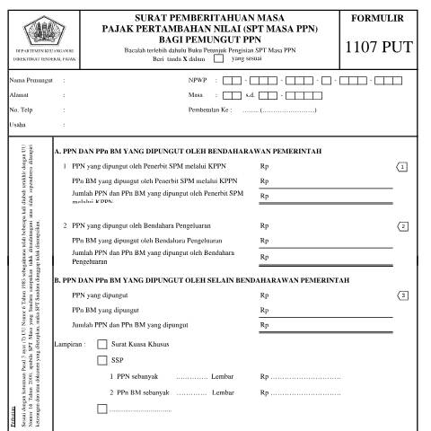 Document preview: SPT Masa PPN 1107 PUT.pdf — SPT Masa PPN 1107 PUT, Indonesia (CERFA n°ID-DJP-SPT-Masa-PPN-1107-PUT)