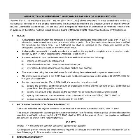 Document preview: Guide Notes of Amended Return Form CPP 2025 — Petroleum, Malaysia