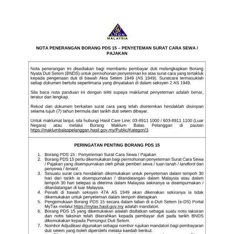 Document preview: Nota Penerangan Borang PDS 15 – Penyeteman Surat Cara Sewa / Pajakan — Stamp Duty, Malaysia