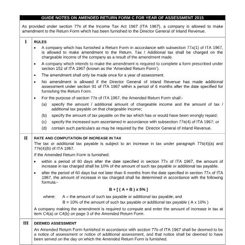Document preview: Guide Notes on Amended Return Form C 2015 — Company, Malaysia