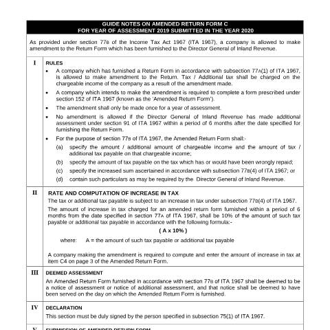 Document preview: Guide Notes on Amended Return Form C 2019 — Company, Malaysia