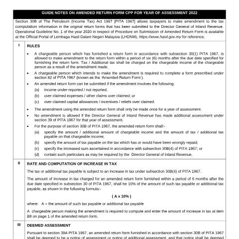 Document preview: Guide Notes on Amended Return Form CPP 2022 — Petroleum, Malaysia