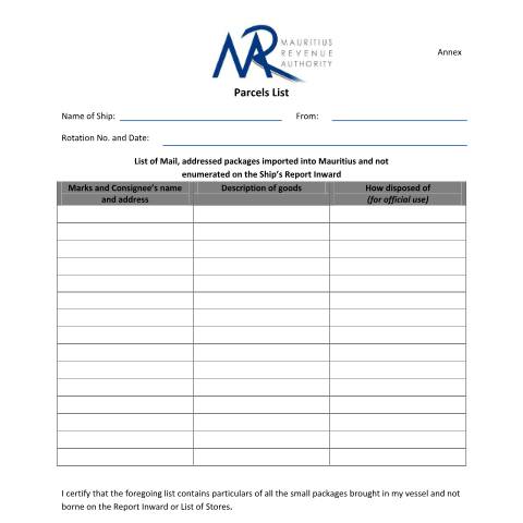 Document preview: Parcel List — Reference, Mauritius (CERFA n°AnnexForm11ParcelsList)