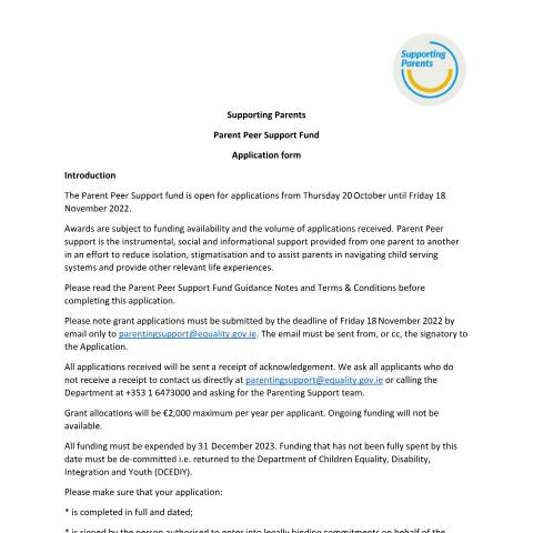 Document preview: Parent Peer Support Fund — application form supporting parents parent peer support fund — Department of Children, Disability and Equality, Ireland