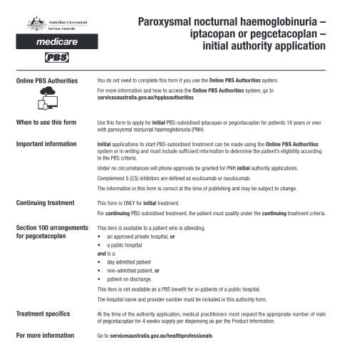 Document preview: Paroxysmal nocturnal haemoglobinuria - iptacopan or pegcetacoplan - initial authority application form (PB343) — Services Australia — Health professionals, Australia (CERFA n°PB343)