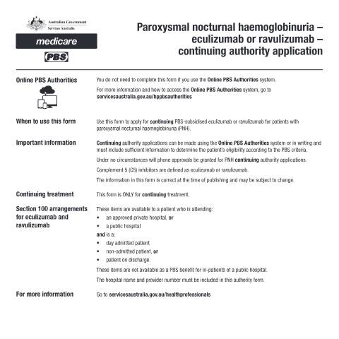 Document preview: Paroxysmal nocturnal haemoglobinuria - eculizumab or ravulizumab - continuing authority application form (PB328) — Services Australia — Health professionals, Australia (CERFA n°PB328)