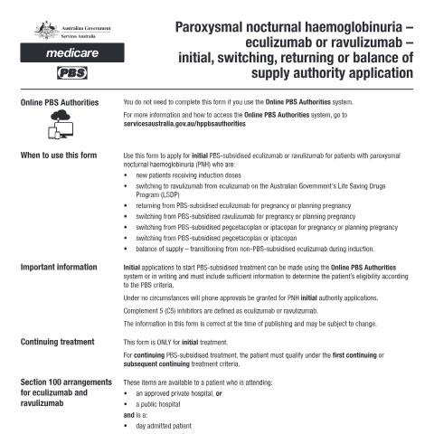 Document preview: Paroxysmal nocturnal haemoglobinuria - eculizumab or ravulizumab - initial, switching, returning  or balance of supply authority application form (PB327) — Services Australia — Health professionals, Australia (CERFA n°PB327)