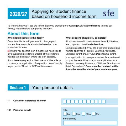 Document preview: Part-time student finance forms for including your household income in your application — Student Loans Company, United Kingdom