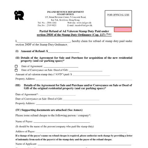 Document preview: Partial Refund of Ad Valorem Stamp Duty Paid under section 29DF of the Stamp Duty Ordinance (Cap. 117) — Stamp Duty, Hong Kong SAR China (CERFA n°IRSD 125A(E))