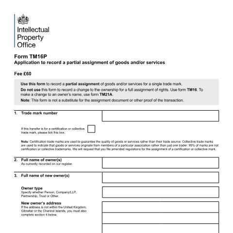 Document preview: Application to record partial assignment of goods and/or services — Intellectual Property Office, United Kingdom