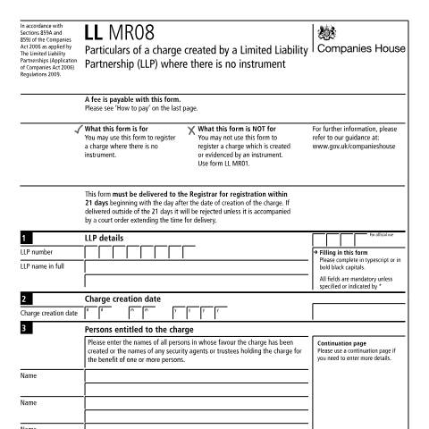 Document preview: Particulars of charge created by a limited liability partnership (LL MR08) — Companies House, United Kingdom