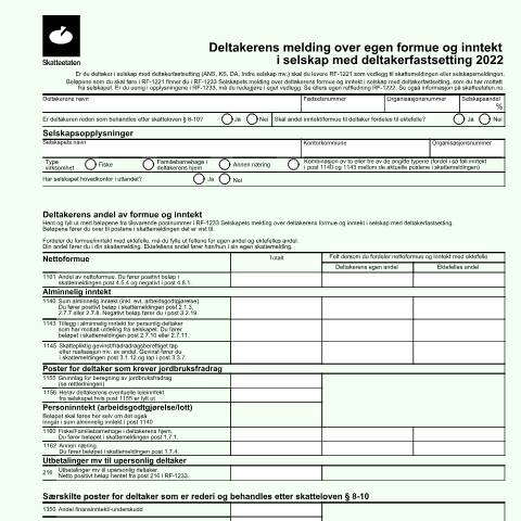 Document preview: Partner statement of wealth and income in a business assessed as a partnership (DISCONTINUED) — Skatteetaten / Forms, Norge (CERFA n°RF-1221)