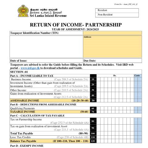 Document preview: Return of Income - [Asmt_PIT_001_E] — Partnerships, Sri Lanka (CERFA n°Asmt_PIT_001_2024)