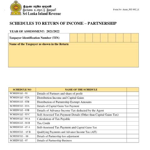Document preview: Schedule to Return of Income - Partnership - [Asmt_PIT_002_E] — Partnerships, Sri Lanka (CERFA n°Asmt_PIT_002_2021)