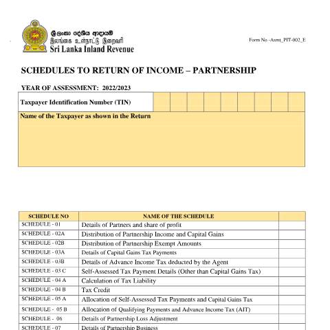 Document preview: Schedule to Return of Income - Partnership - [Asmt_PIT_002_E] — Partnerships, Sri Lanka (CERFA n°Asmt_PIT_002_2022)
