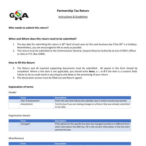 Document preview: Partnership Return Guide — Income Tax, Guyana