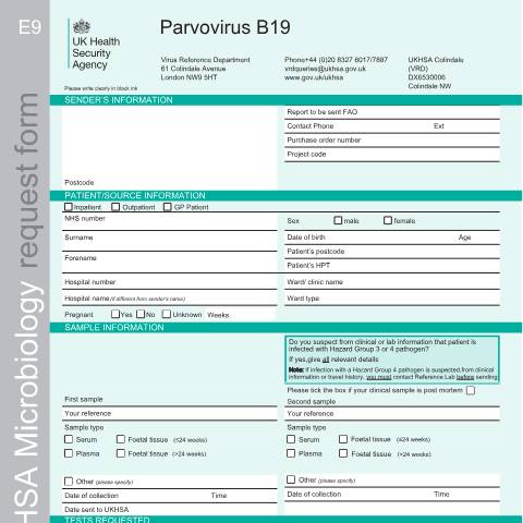 Document preview: Parvovirus B19 referral form — UK Health Security Agency, United Kingdom