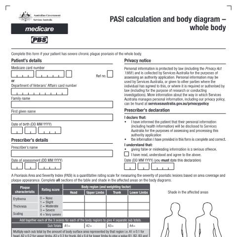 Document preview: PASI calculation and body diagram - whole body form (PB115) — Services Australia — Health professionals, Australia (CERFA n°PB115)
