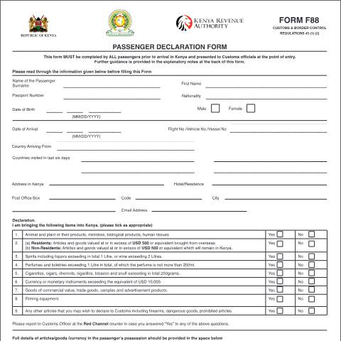 Document preview: Passenger Declaration Form (Form-88) — Form, Kenya (CERFA n°Passenger-Declaration-Form-May-2018-Editable)
