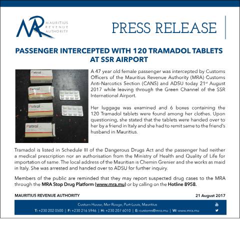 Document preview: Passenger intercepted with 120 Tramadol tablets at SSR Airport (21.08.17) — Document, Mauritius (CERFA n°SeizureTramadol)