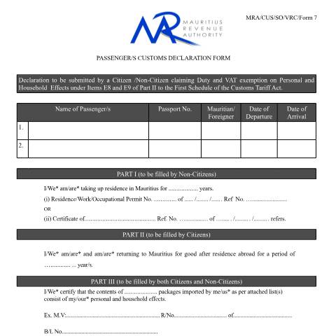 Document preview: Passengers Customs Declaration Form — Form, Mauritius (CERFA n°PassengersCustomsDeclarationForm)