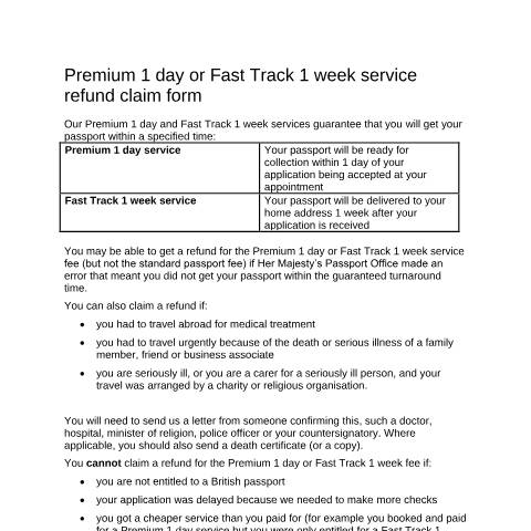 Document preview: Passport refund form: Premium 1 day or Fast Track 1 week — HM Passport Office, United Kingdom