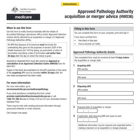 Document preview: Approved Pathology Authority acquisition or merger advice form (HW036) — Services Australia — Health professionals, Australia (CERFA n°HW036)