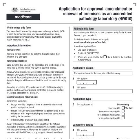 Document preview: Application for approval, amendment or renewal of premises as an accredited pathology laboratory form (HW010) — Services Australia — Health professionals, Australia (CERFA n°HW010)