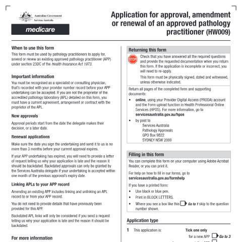 Document preview: Application for approval, amendment or renewal of an approved pathology practitioner form (HW009) — Services Australia — Health professionals, Australia (CERFA n°HW009)