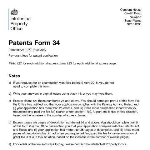 Document preview: Pay grant fees for patent application — Intellectual Property Office, United Kingdom