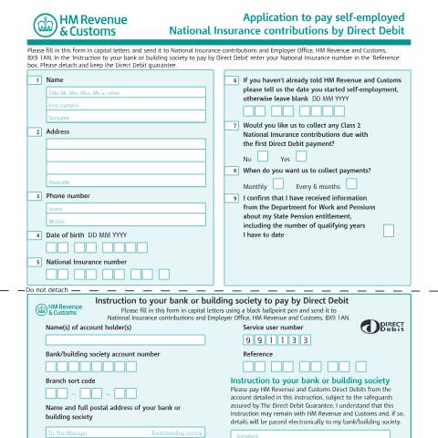 Document preview: Apply to pay self-employed National Insurance by Direct Debit — HM Revenue & Customs, United Kingdom