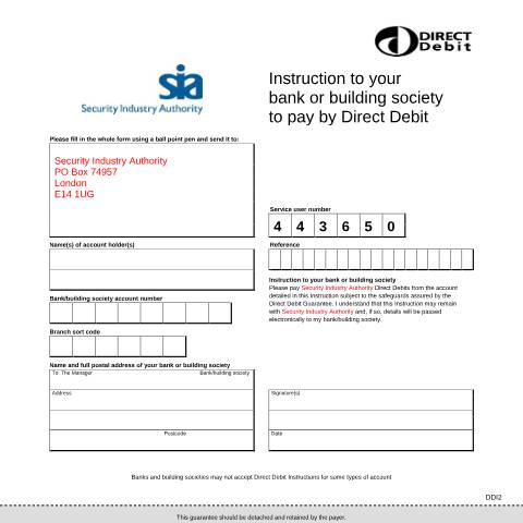 Document preview: Paying SIA licence application fees by Direct Debit — Security Industry Authority, United Kingdom