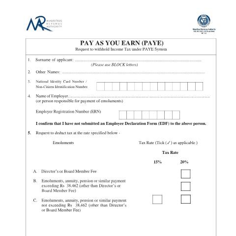 Document preview: Authorisation to deduct Income Tax under PAYE — Document, Mauritius (CERFA n°PAYEAuthorisationForm)