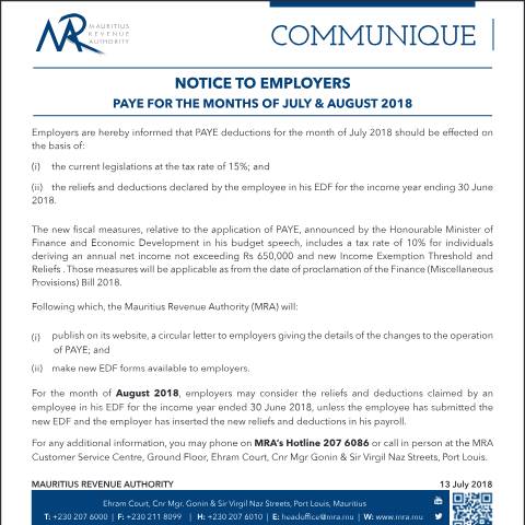 Document preview: Notice to Employers : PAYE for the months of July &amp; August 2018 (13.07.18) — Document, Mauritius (CERFA n°PAYE130718)