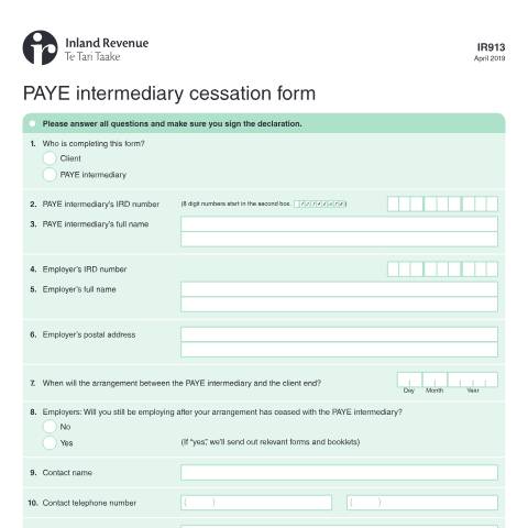 Document preview: PAYE intermediary cessation form — Employing staff, New Zealand (CERFA n°IR913)