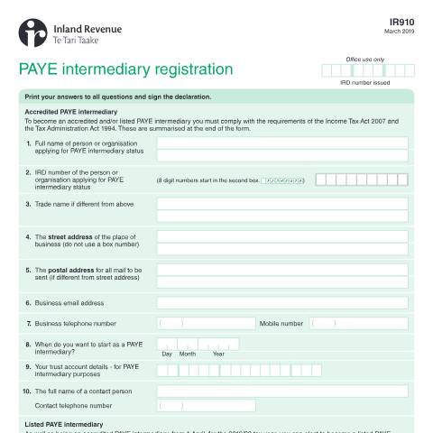 Document preview: PAYE intermediary registration — Employing staff, New Zealand (CERFA n°IR910)