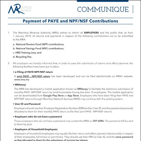 Document preview: Payment of PAYE and NPF/NSF Contributions (10.01.18) — Document, Mauritius (CERFA n°PAYENPFNSF100118)
