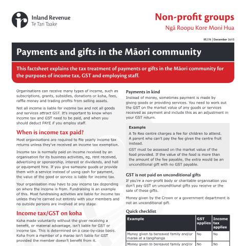 Document preview: Payments and gifts in the Māori community — Income tax, New Zealand (CERFA n°IR278)
