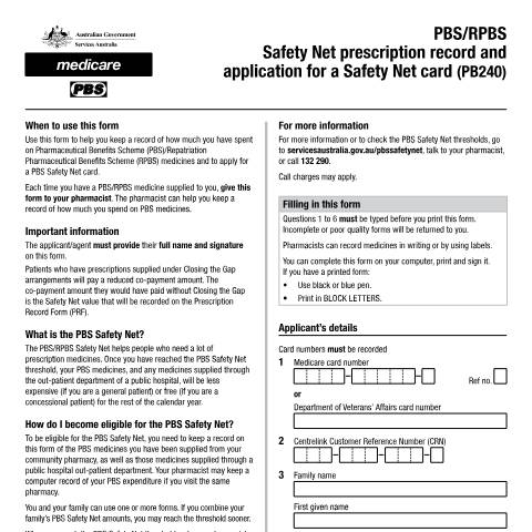 Document preview: PBS/RPBS Safety Net prescription record form and application for a Safety Net card — Services Australia — Individuals (by code), Australia (CERFA n°PB240)