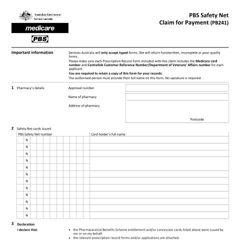 Document preview: PBS Safety Net claim for payment form (PB241) — Services Australia — Health professionals, Australia (CERFA n°PB241)