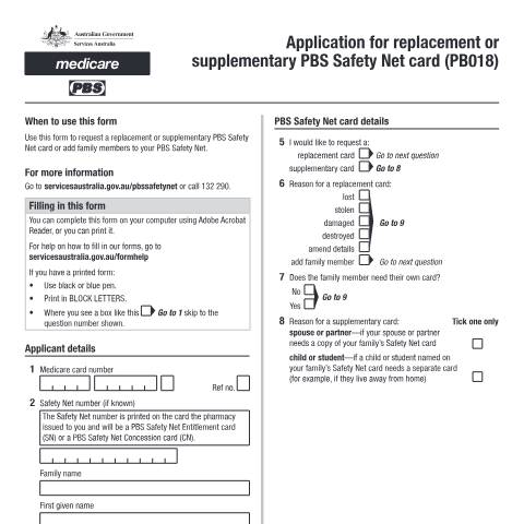 Document preview: PBS Safety Net replacement or supplementary card application — Services Australia — Individuals (by code), Australia (CERFA n°PB018)