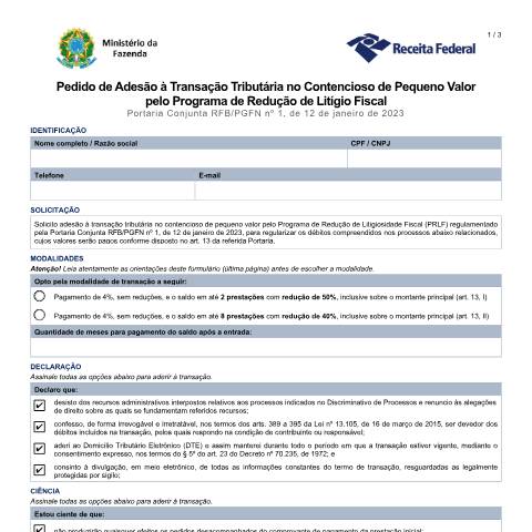 Pré-visualização do documento Pedido de Transação - PRLF de pequeno valor — Impostos, Brasil