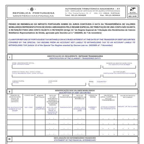 Pré-visualização do documento Mod. 26-RFI - Pedido de reembolso do imposto português sobre os juros contáveis. — Regime Especial Tributacao da Divida, Portugal (CERFA n°Modelo 26-RFI)